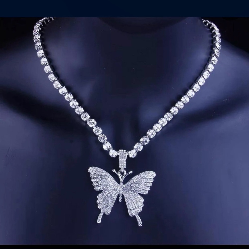 Silver Butterfly Rhinestone Necklace